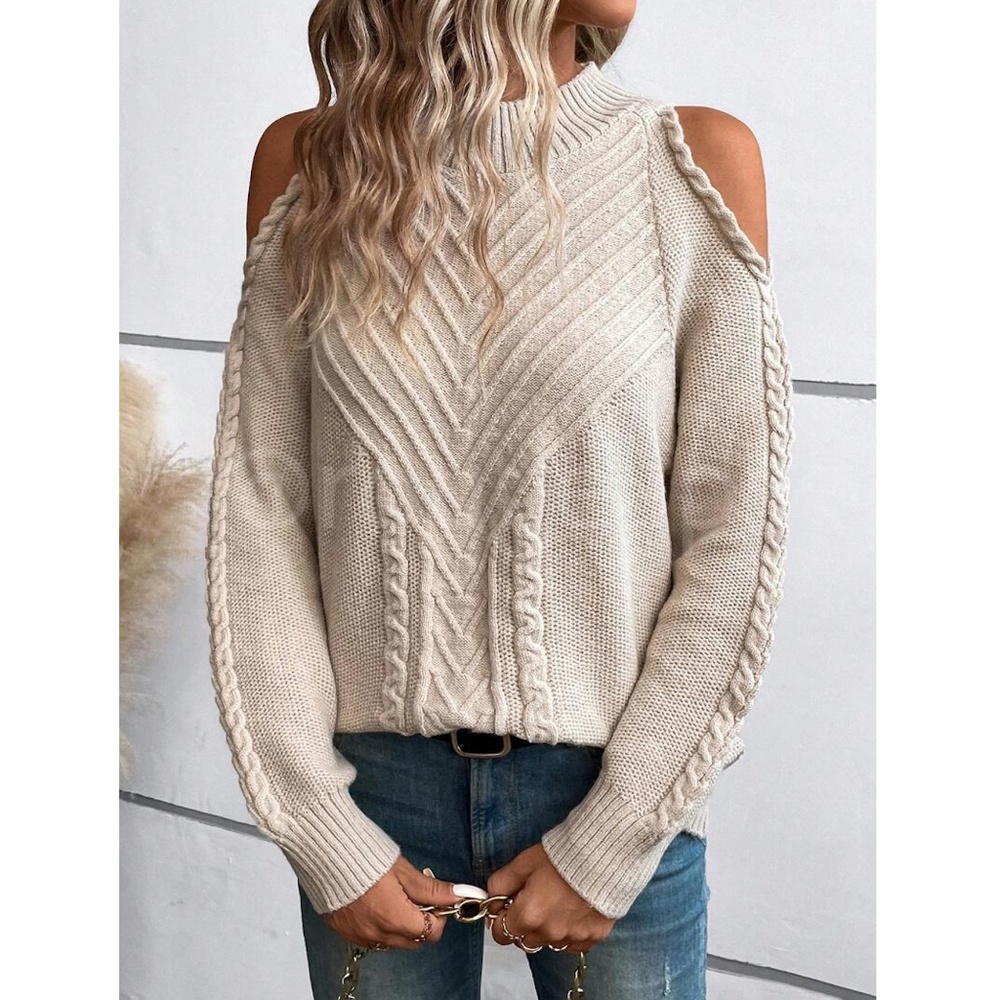 Beige Cable Knit Pullover Sweater Cold Shoulder Long Sleeve - Picture 2 of 9